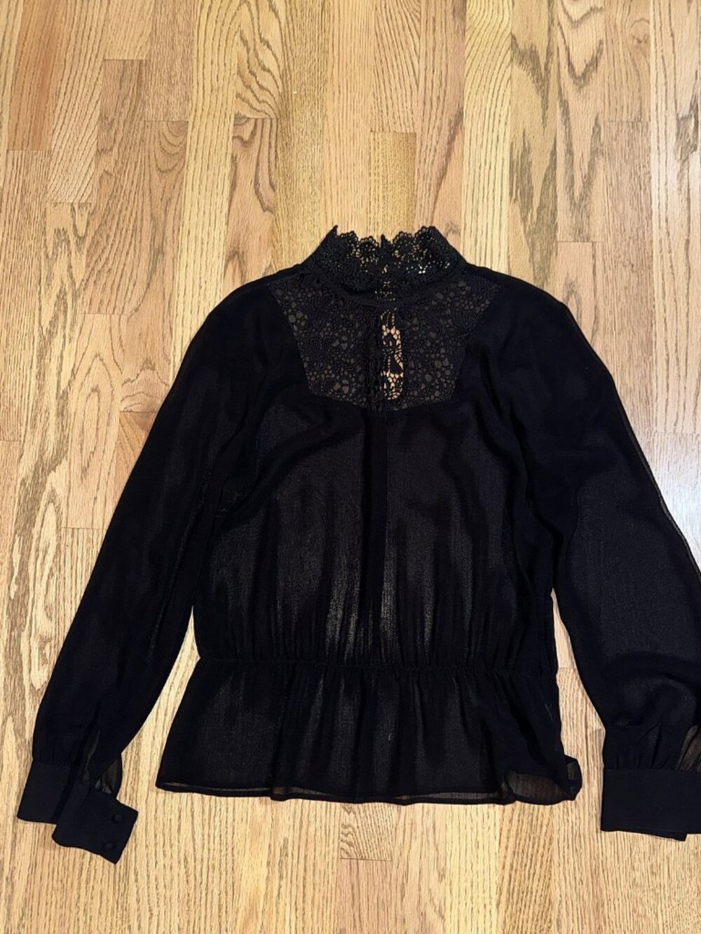Hinge Black Sheer Blouse with Lace High Neck and Peplum Waist Size M